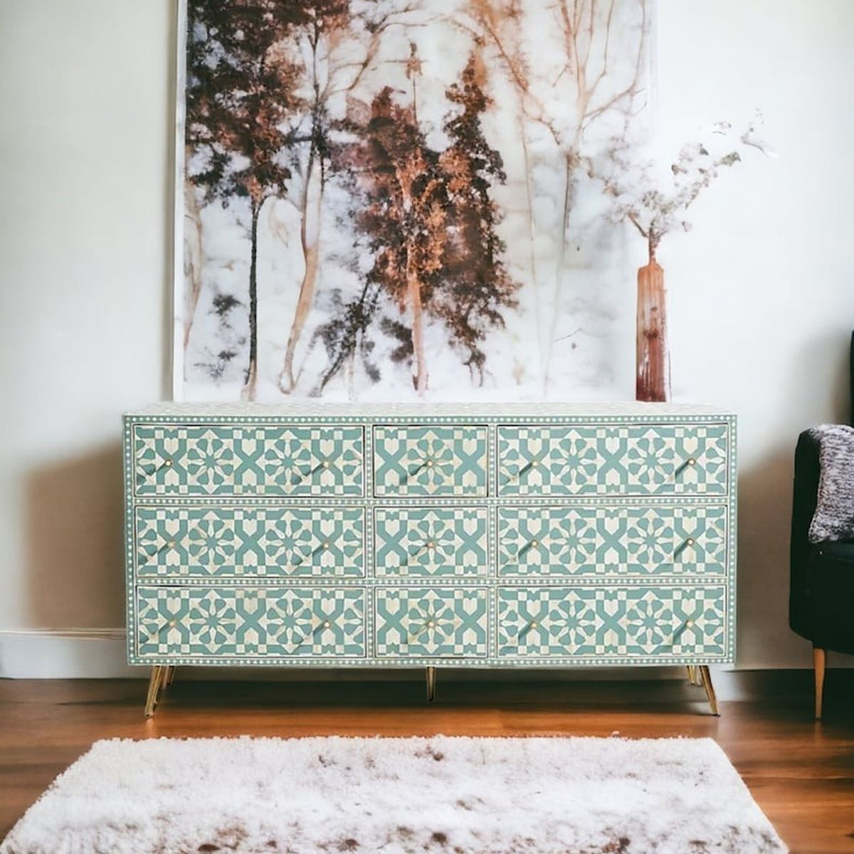 Bone Inlay 9 Drawer Sideboard : Zelliges : Aqua