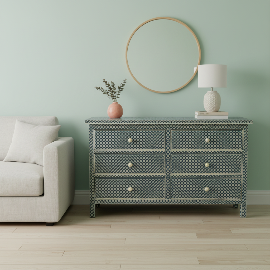 Bone Inlay 6 Drawer Chest : Scallop : Navy