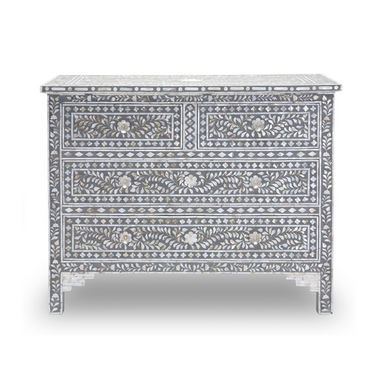 Mother of Pearl Inlay 4 Drawer Chest : Floral : Grey