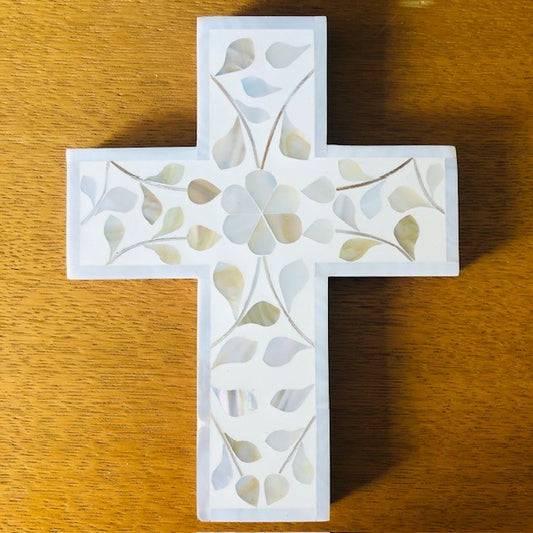 Imperfect Mother of Pearl Small Cross : Floral : White