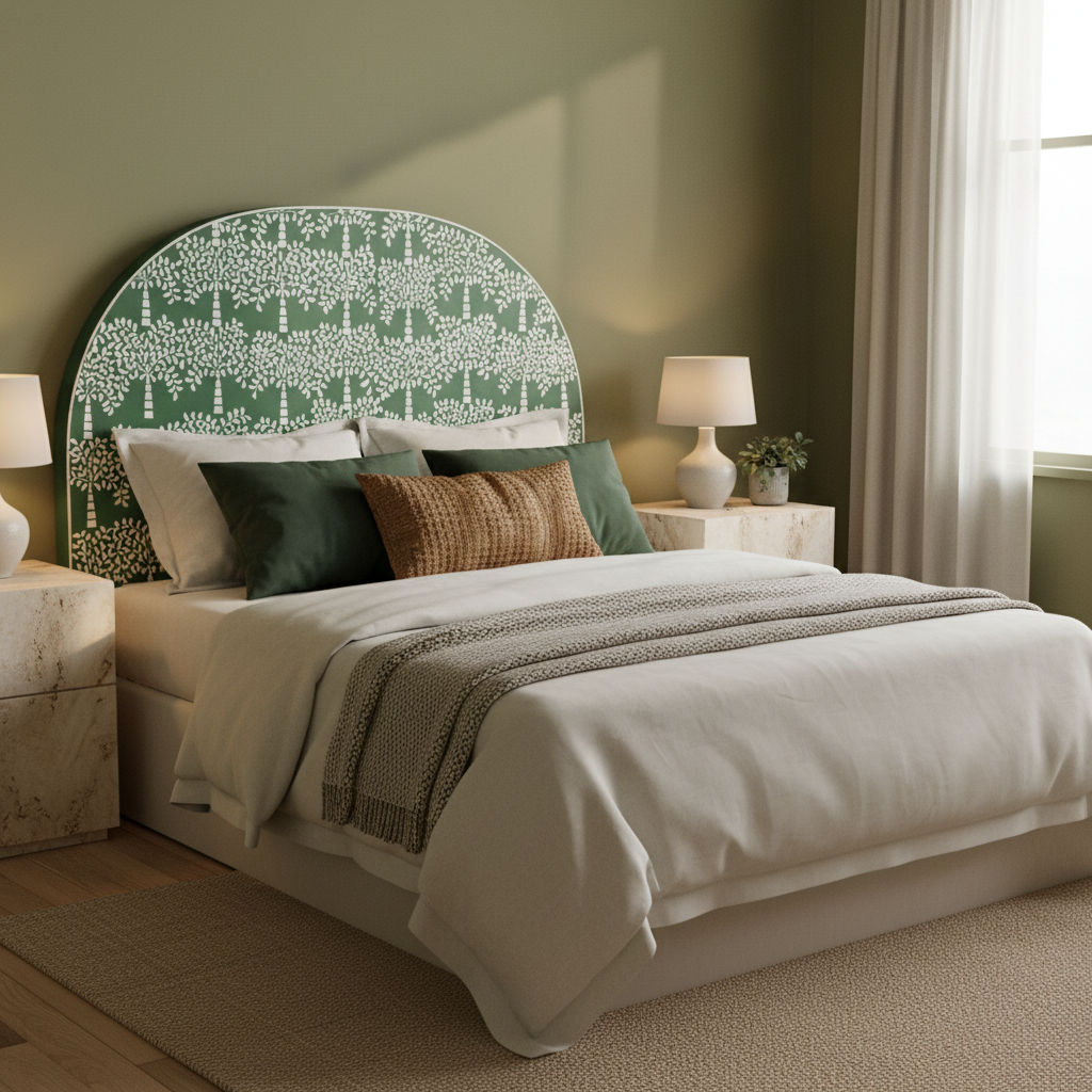 Bone Inlay Palm Tree Bedhead - Queen Size