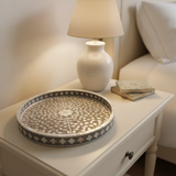 Mother of Pearl Inlay Round Tray : Floral : Grey