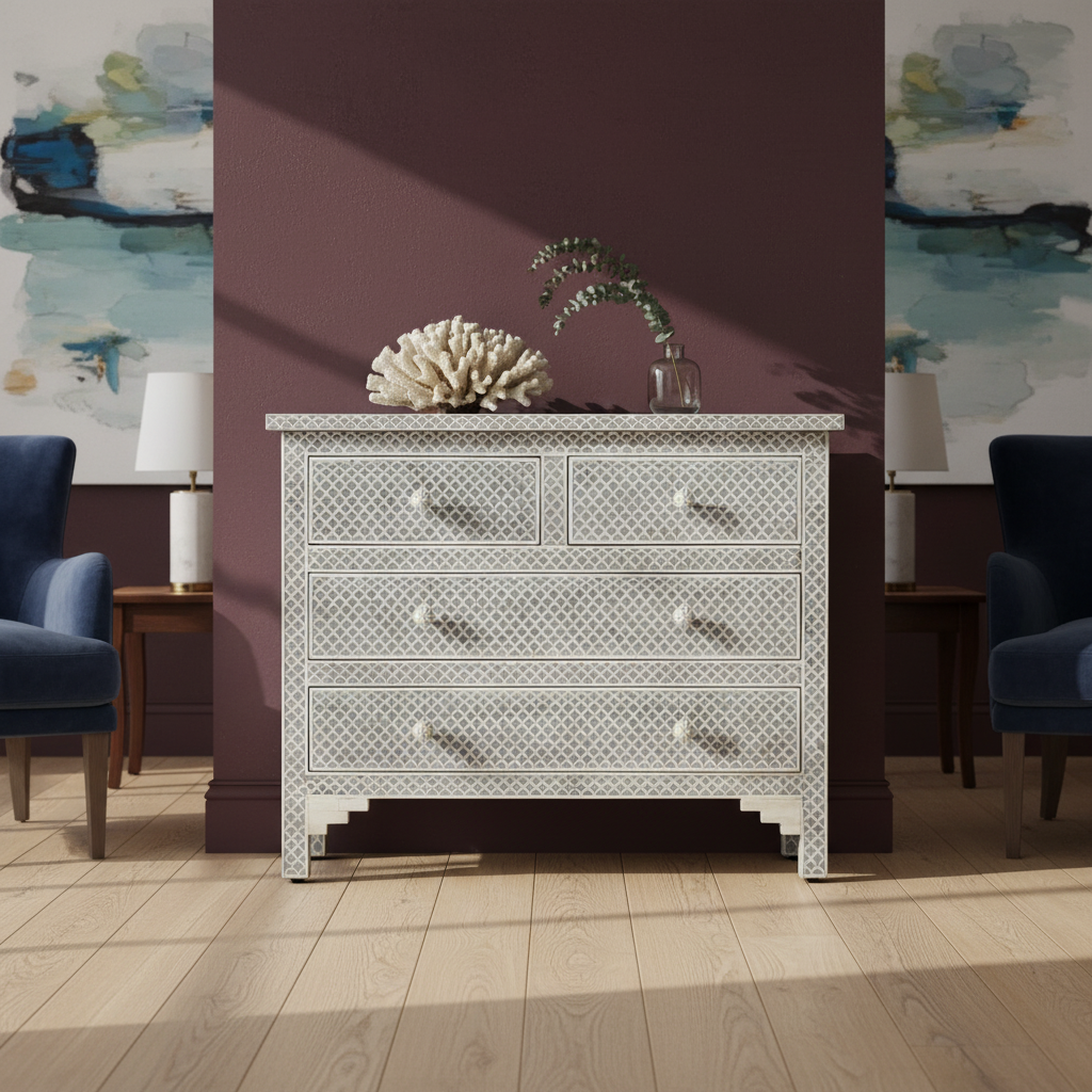 Bone Inlay 4 Drawer Chest : Scallop : Grey