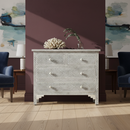 Bone Inlay 4 Drawer Chest : Scallop : Grey