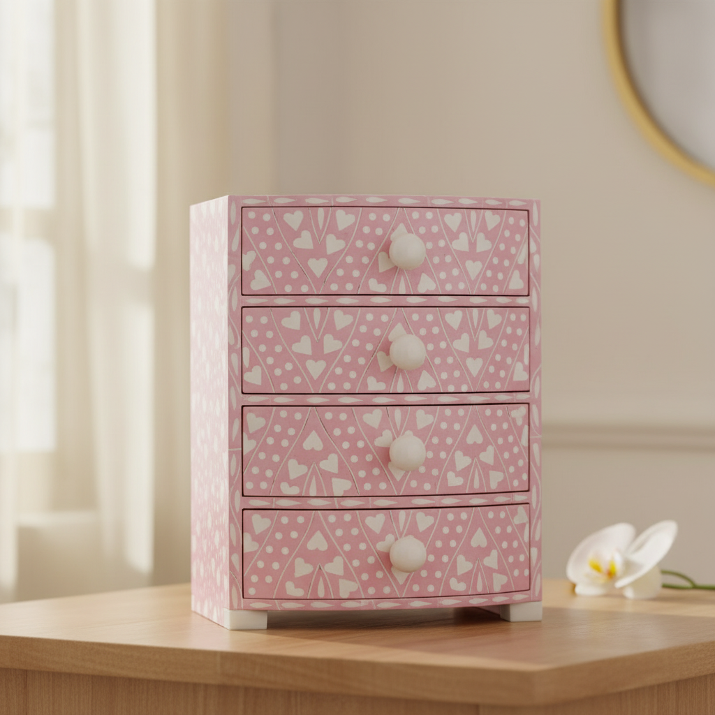 Bone Inlay Jewellery Box : Hearts : Pink