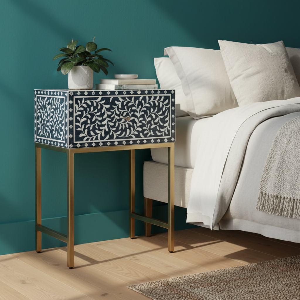 Bone Inlay 1 Drawer Bedside (with Metal Legs) : Liana : Navy Blue