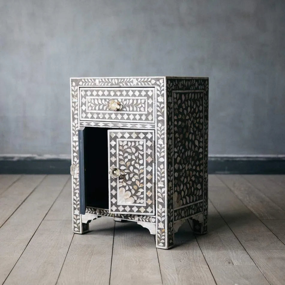 Mother of Pearl Inlay Bedside Cabinet : Floral : Grey