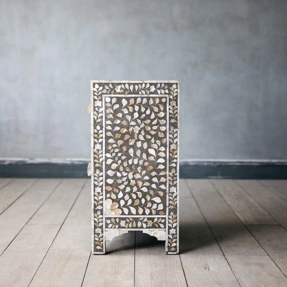 Mother of Pearl Inlay Bedside Cabinet : Floral : Grey