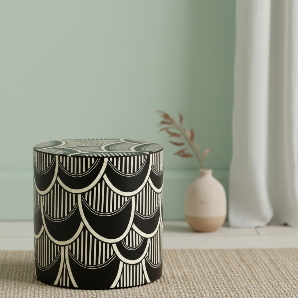 Bone Inlay Side Table : Scalloped Stripe : Black