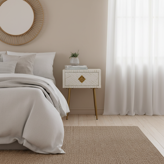 Bone Inlay 1 Drawer Bedside (with Metal Legs) : Criss Cross : White