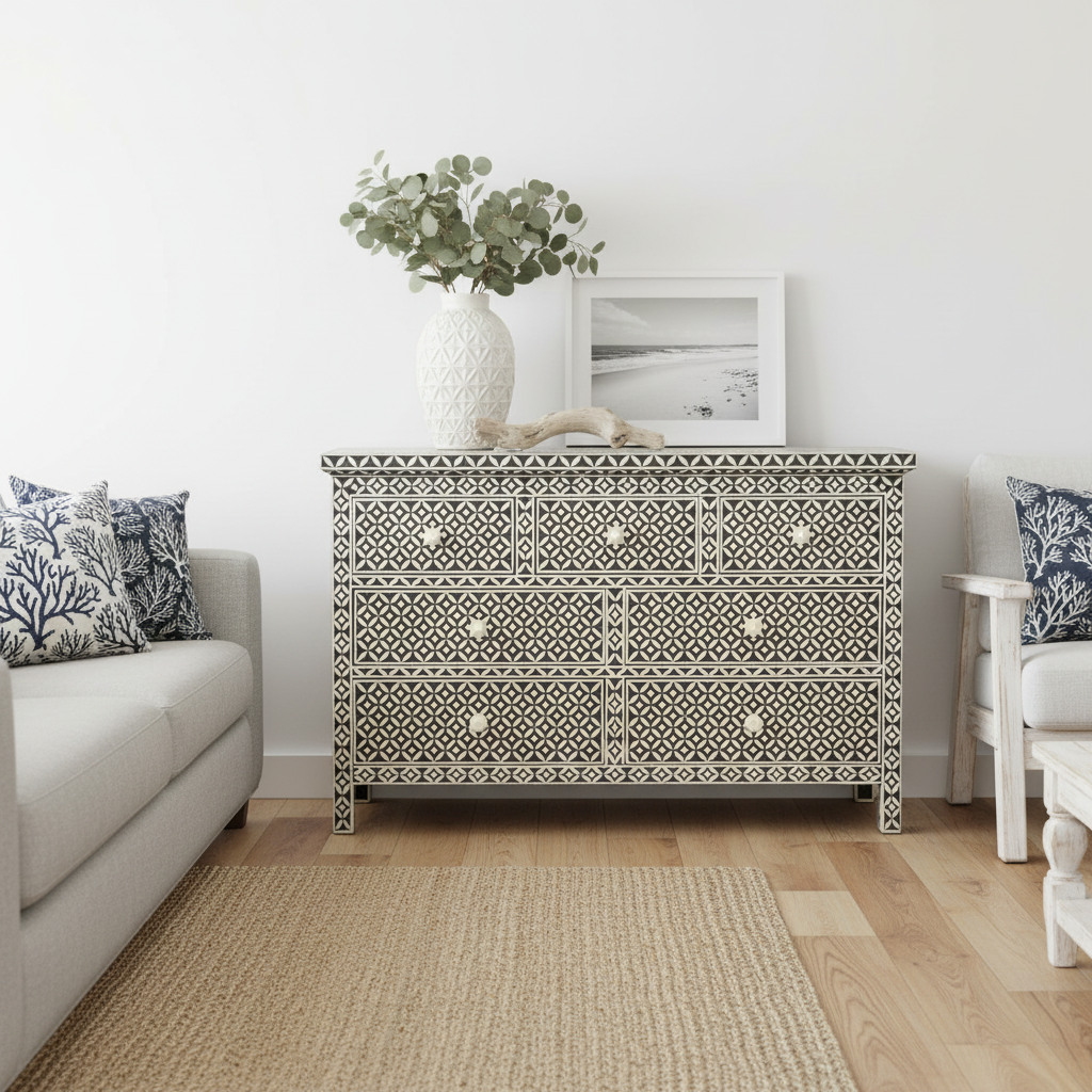 Bone Inlay 7 Drawer Chest : Starburst : Black