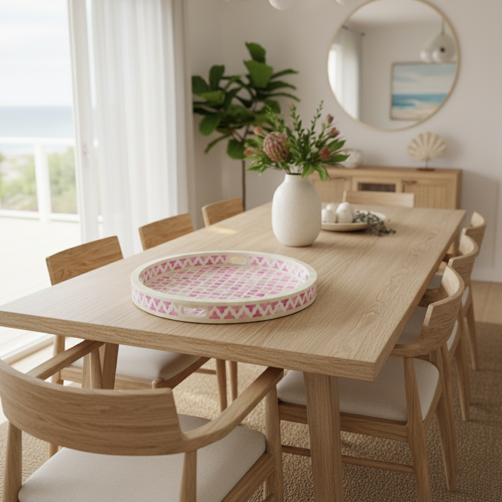 Dyed Bone Inlay Round Tray : Moroccan : Pink