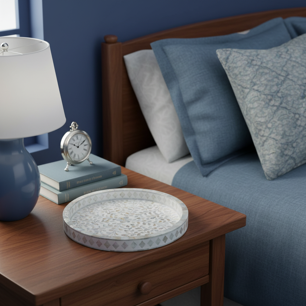 Mother of Pearl Round Tray : Floral : White