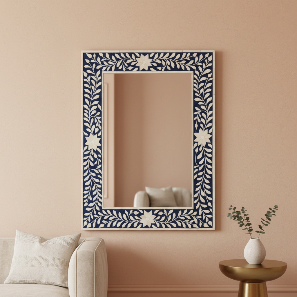 Bone Inlay Rectangular Mirror : Floral : Black