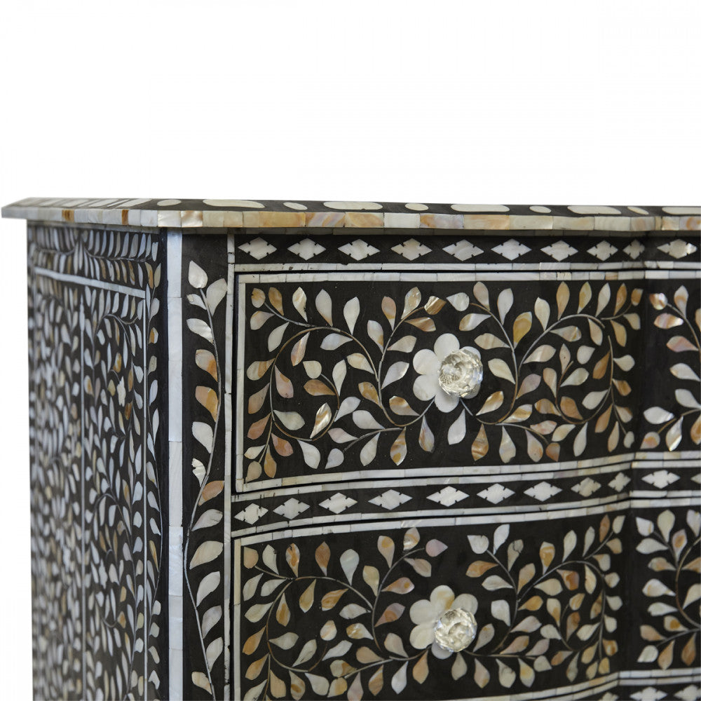 Mother of Pearl Inlay French 3 Drawer Chest : Floral : Black