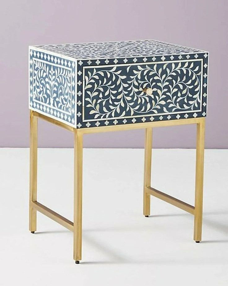 Bone Inlay 1 Drawer Bedside (with Metal Legs) : Liana : Navy Blue