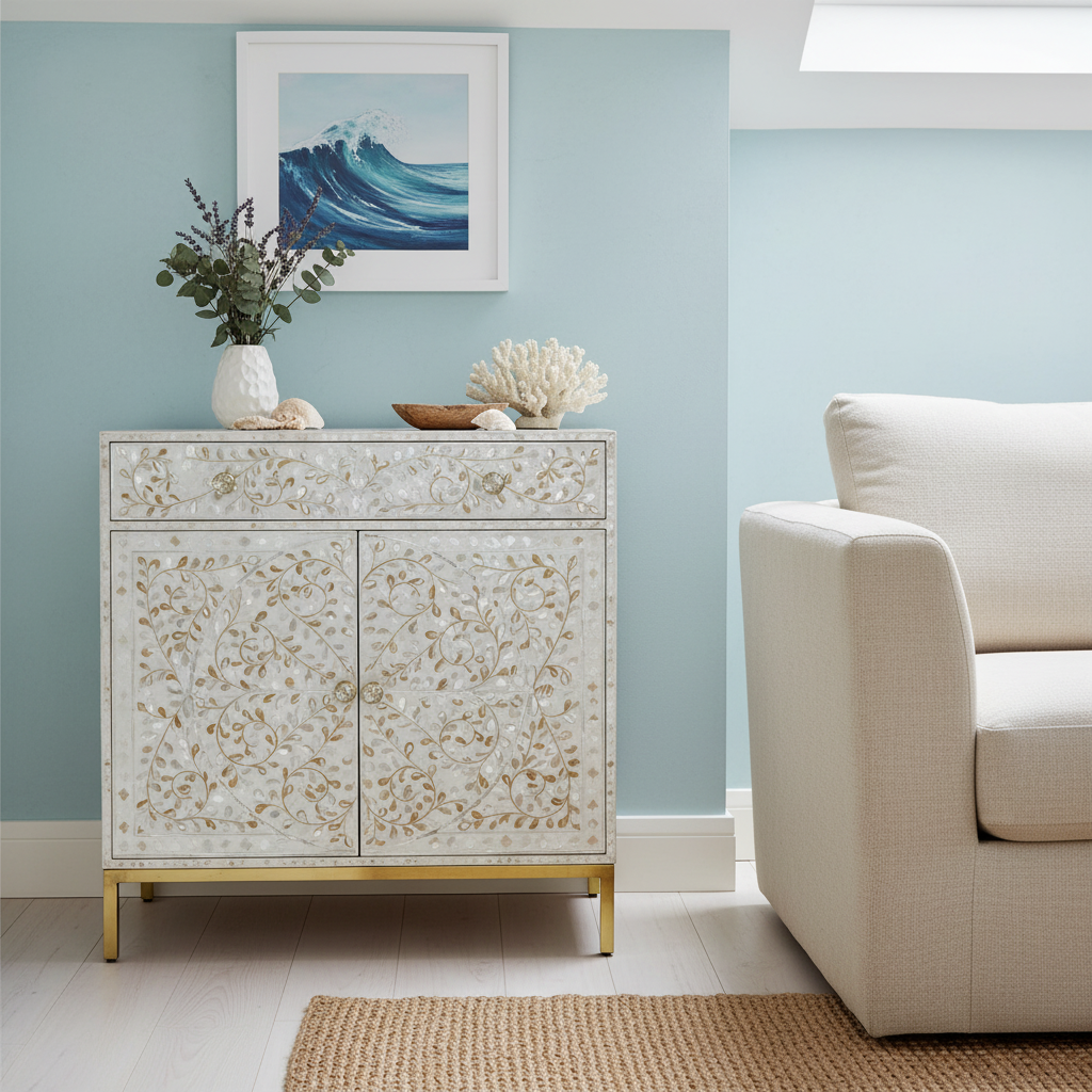 Mother of Pearl Inlay Cabinet : Liana : White