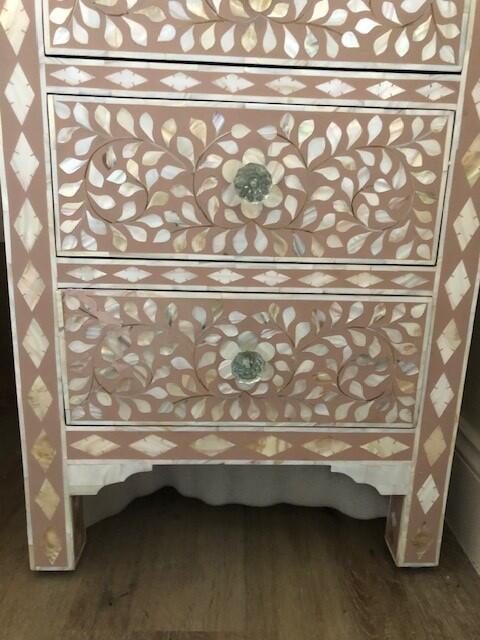 Mother of Pearl Inlay Tallboy : Floral : Blush Damaged & Somewhat Repaired