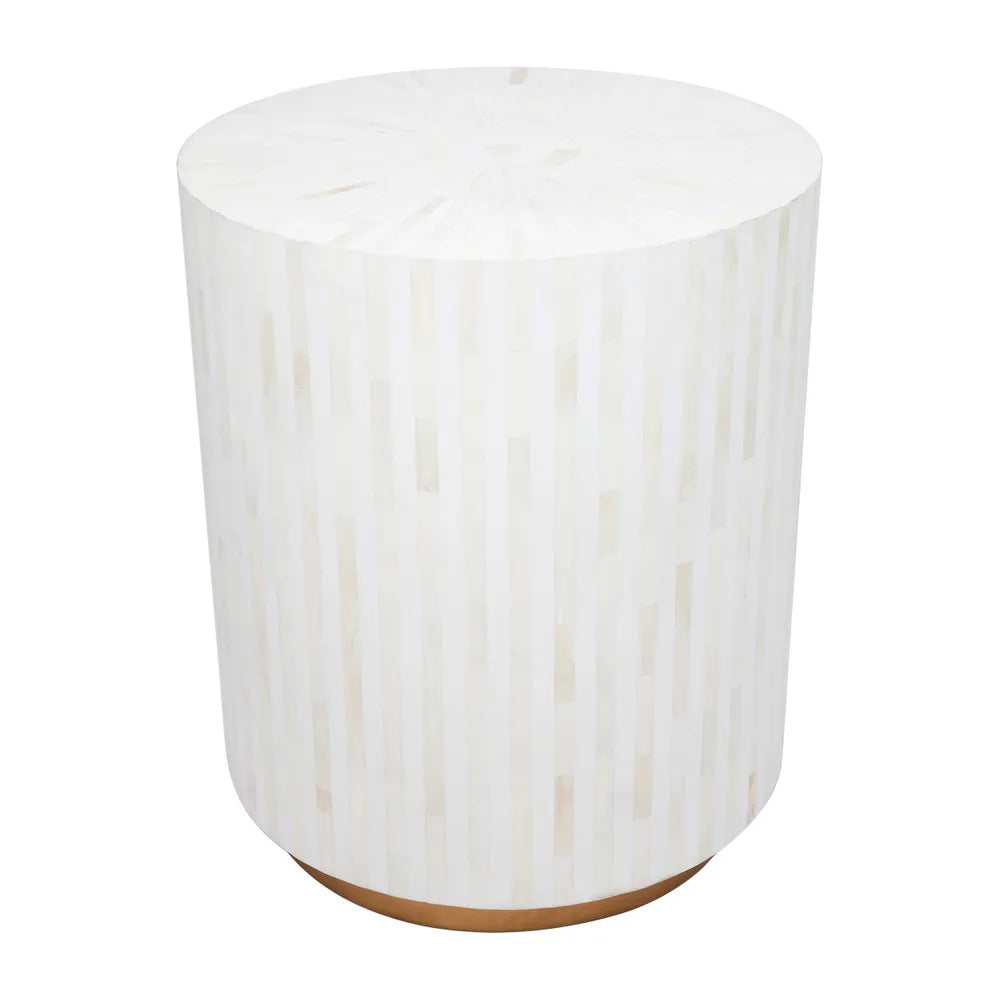 Bone Inlay Side Table with Gold Plinth : Stripe : White