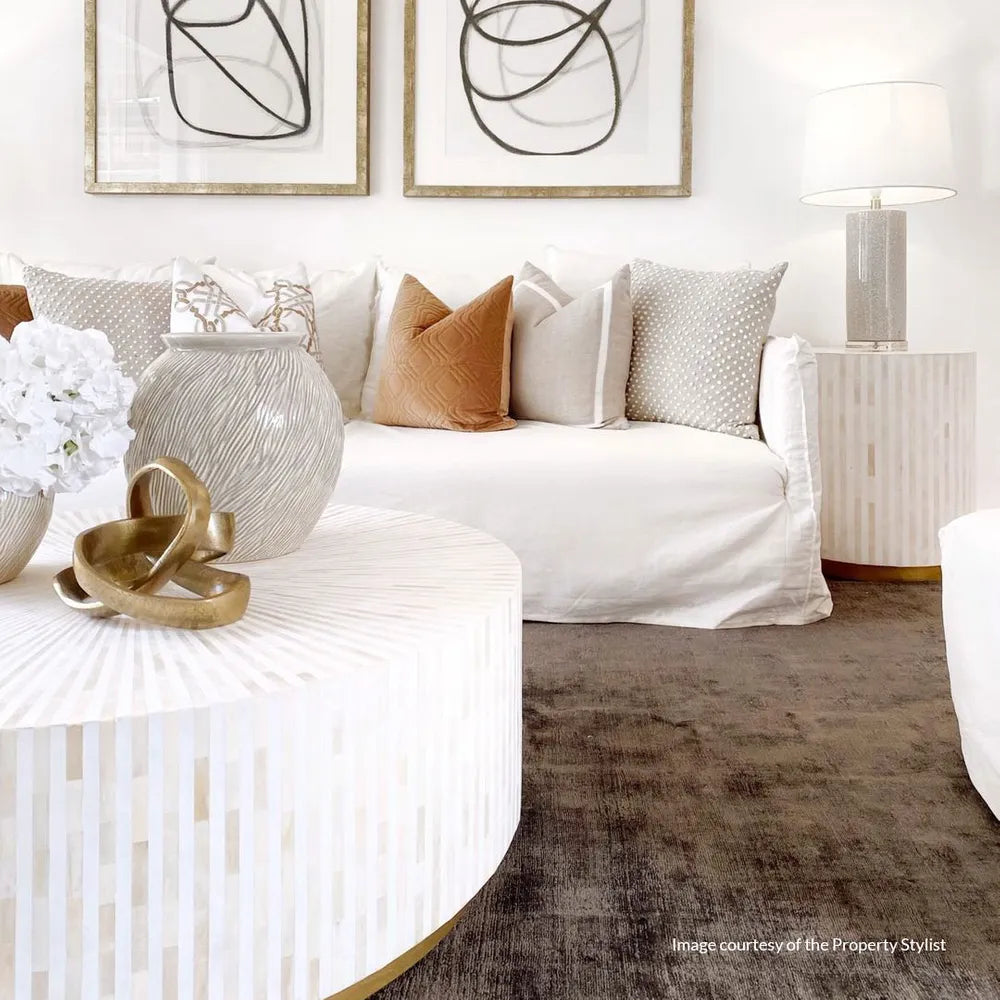 Bone Inlay Side Table with Gold Plinth : Stripe : White