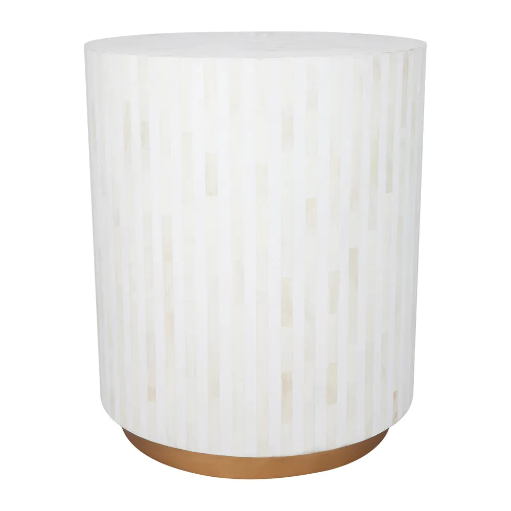 Bone Inlay Side Table with Gold Plinth : Stripe : White