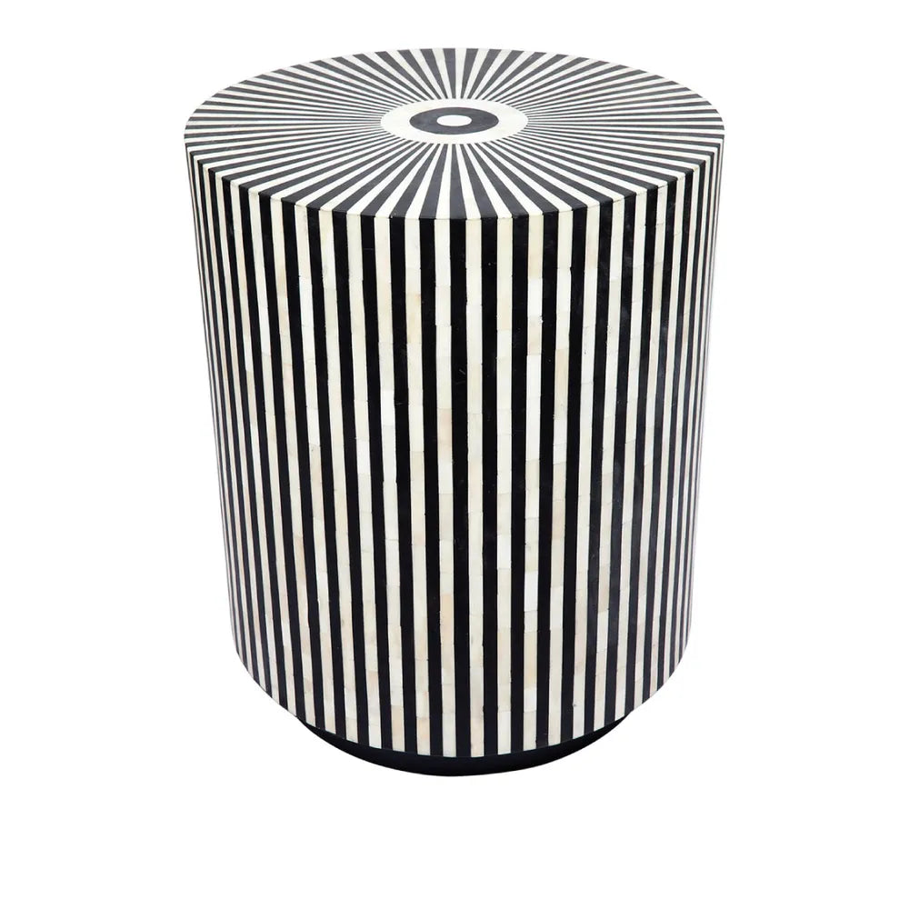Bone Inlay Side Table with Black Plinth : Stripe : Black