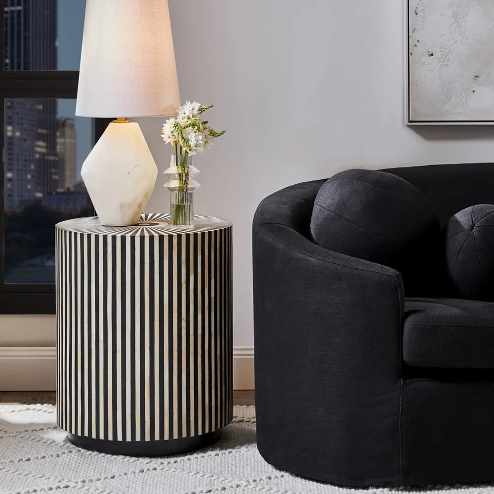 Bone Inlay Round Side Table with Plinth : Stripe : Black
