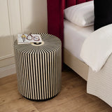 Bone Inlay Round Side Table with Plinth : Stripe : Black
