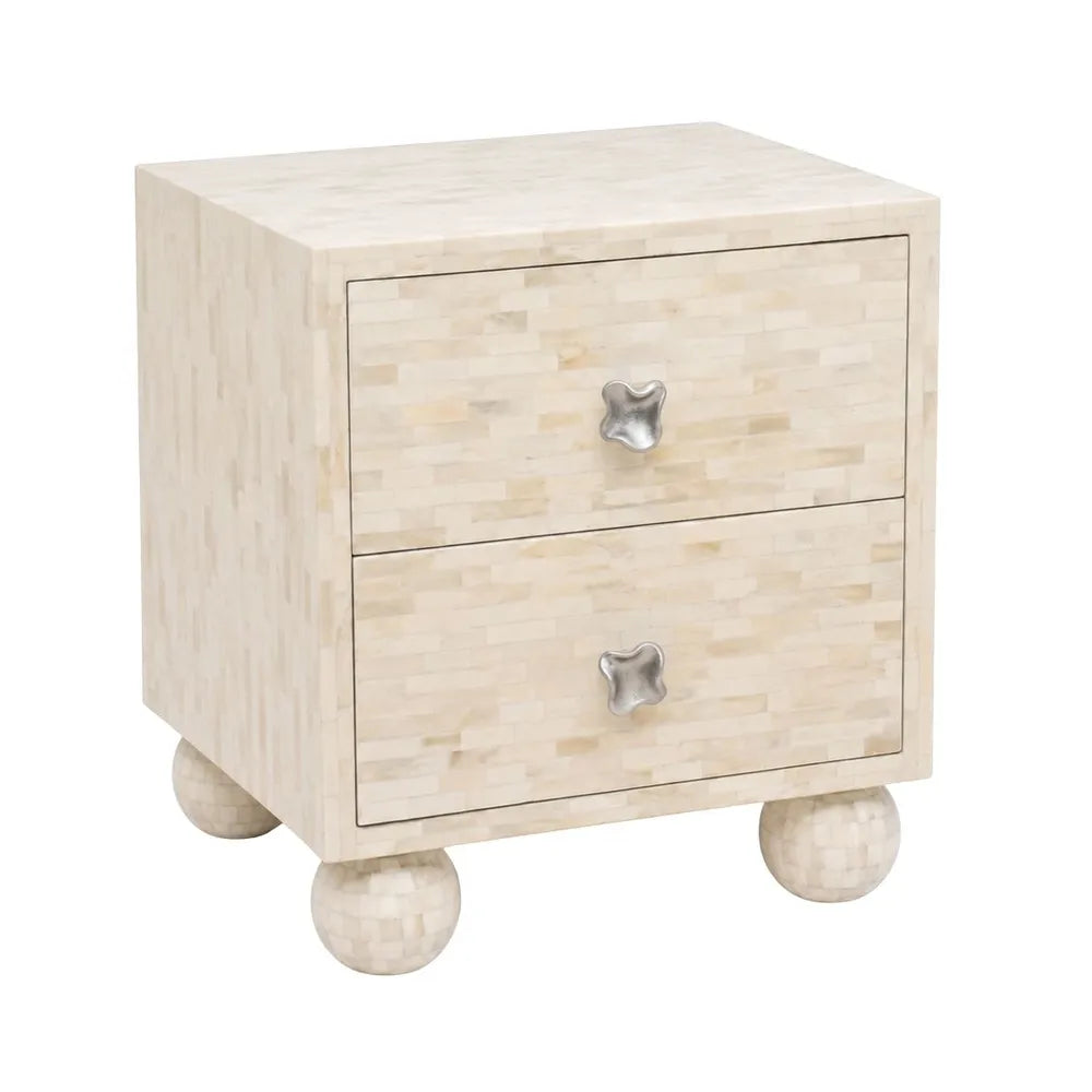 Bone Inlay 2 Drawer Bedside Table with Ball Feet : Stripe : White