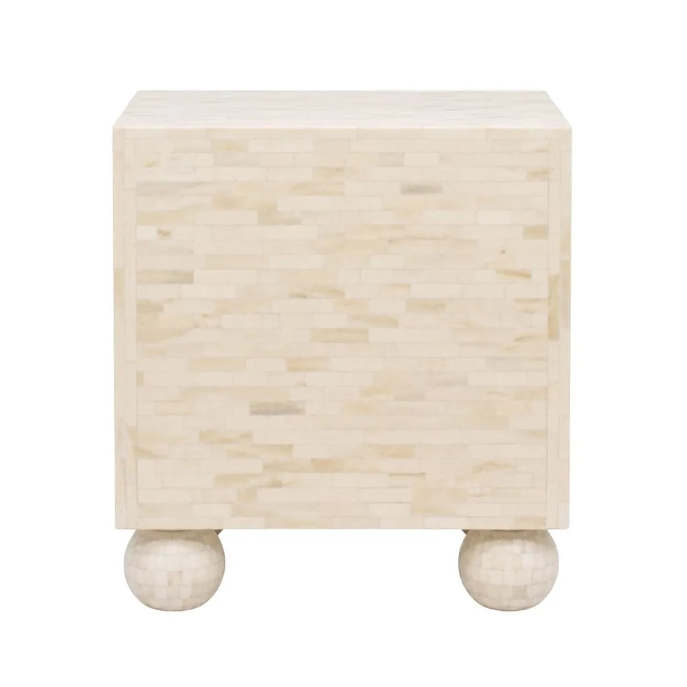 Bone Inlay 2 Drawer Bedside Table with Ball Feet : Stripe : White