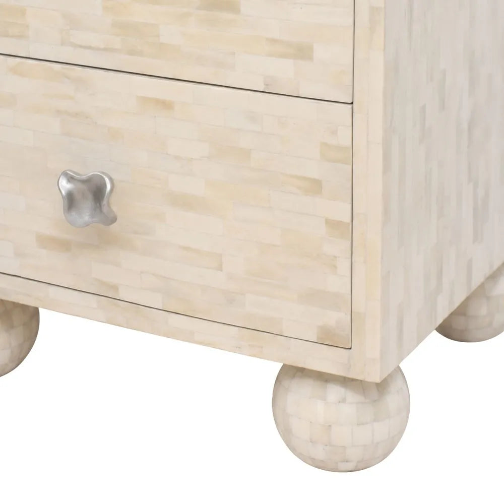 Bone Inlay 2 Drawer Bedside Table with Ball Feet : Stripe : White