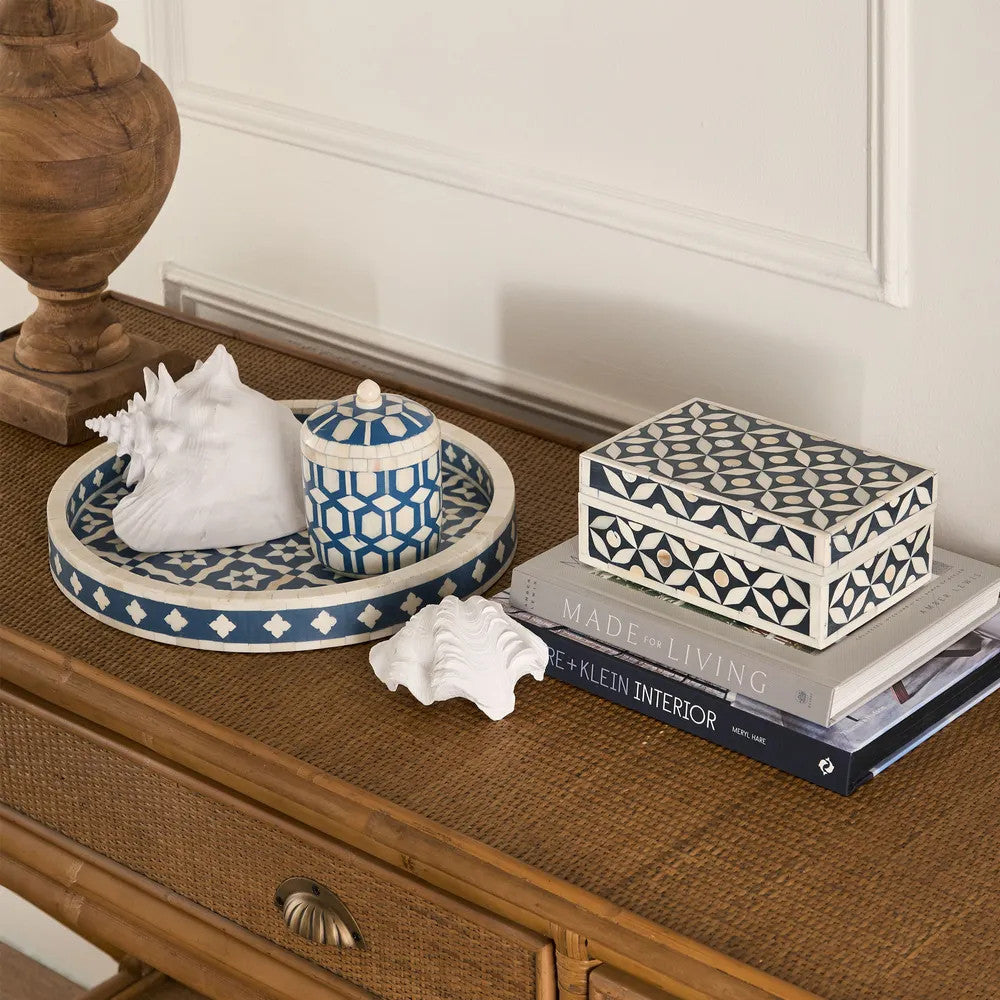 Bone Inlay Round Tray : Ogee : Navy