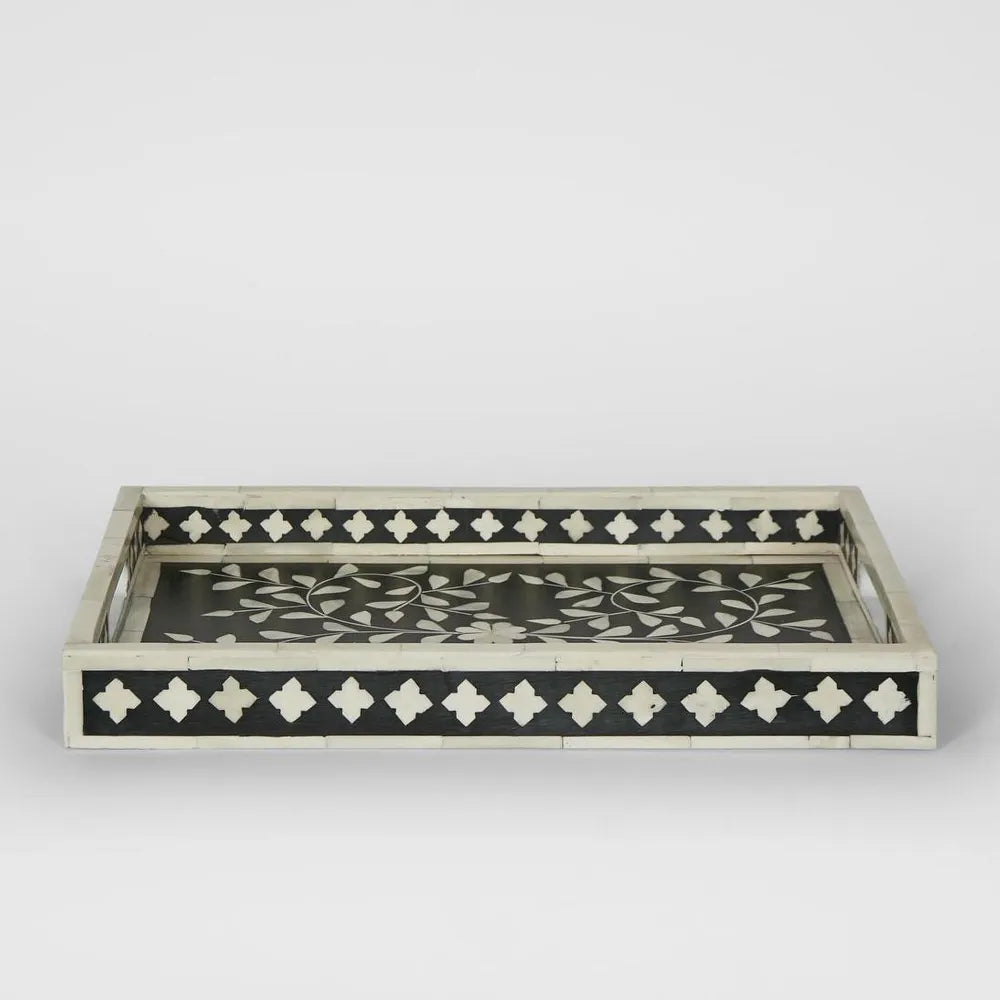 Bone Inlay Rectangular Tray : Floral : Black