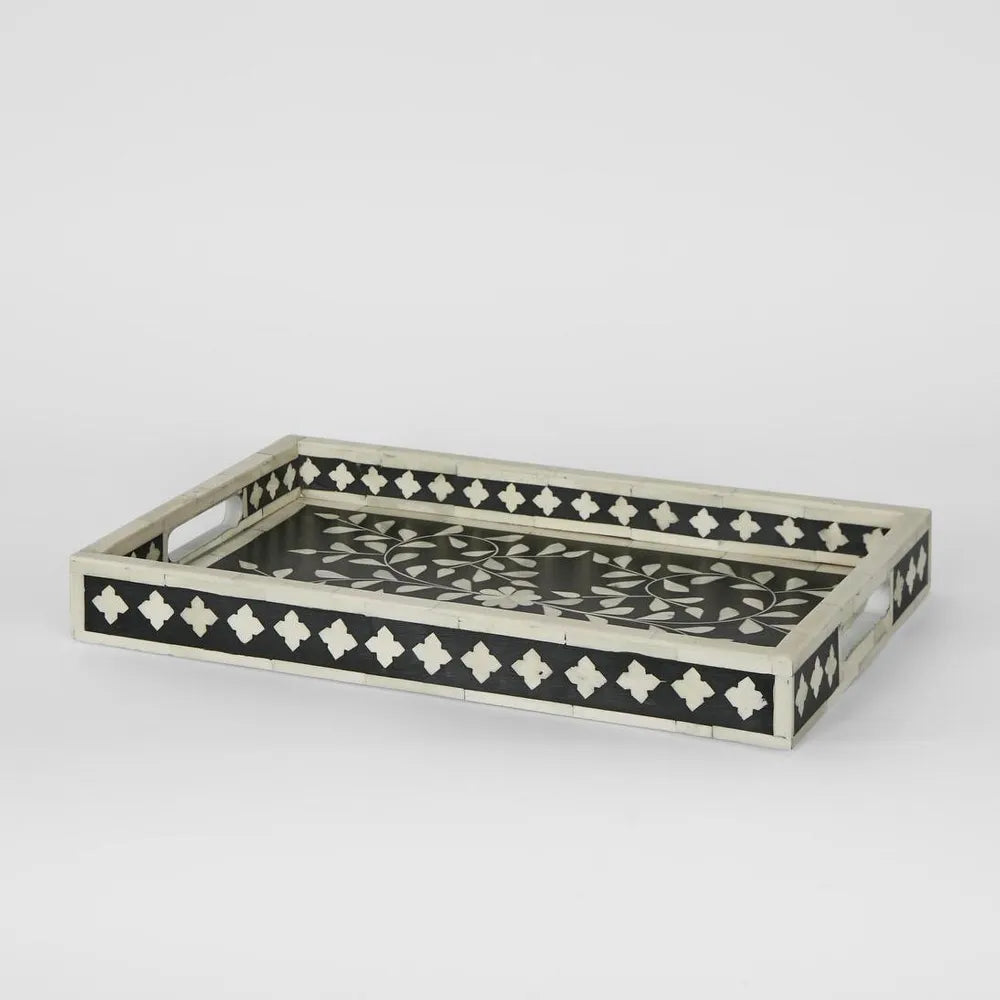 Bone Inlay Rectangular Tray : Floral : Black
