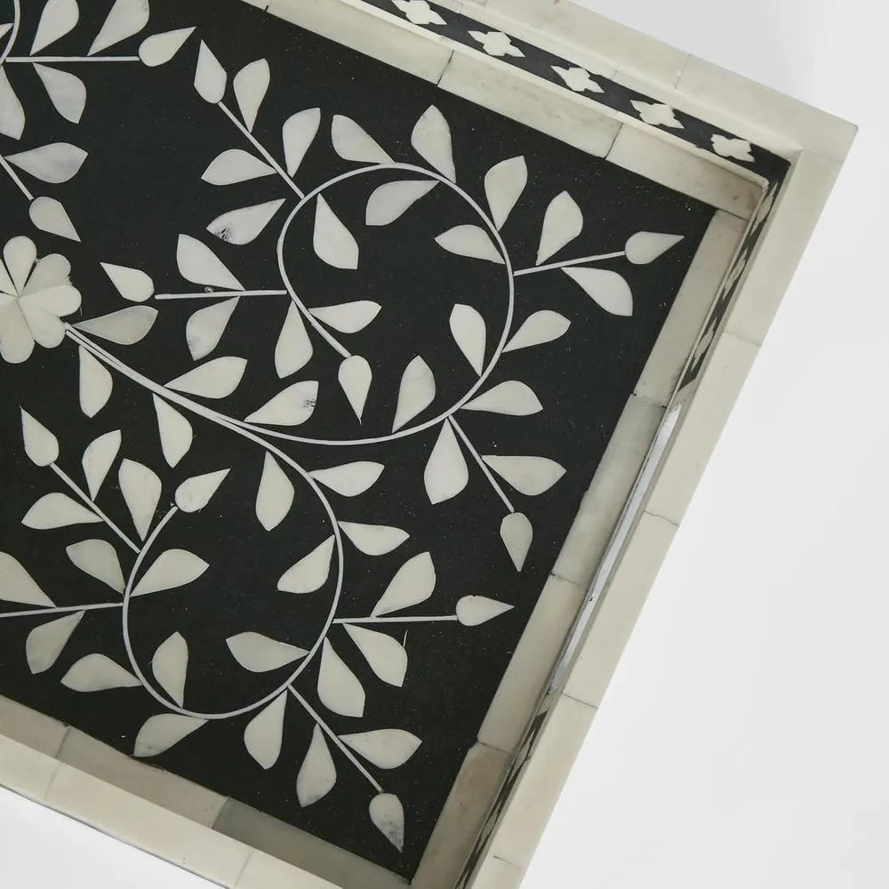 Bone Inlay Rectangular Tray : Floral : Black