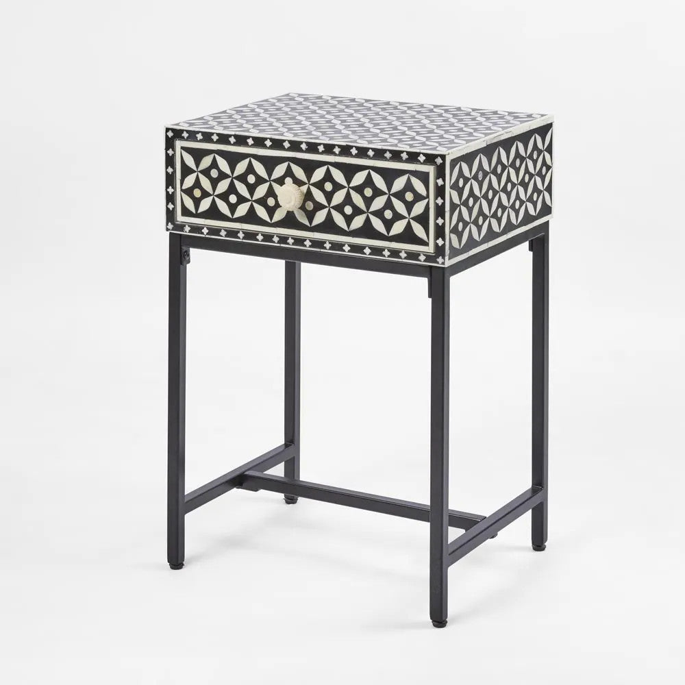 Bone Inlay 1 Drawer Bedside (with Metal Legs) : Starburst : Black