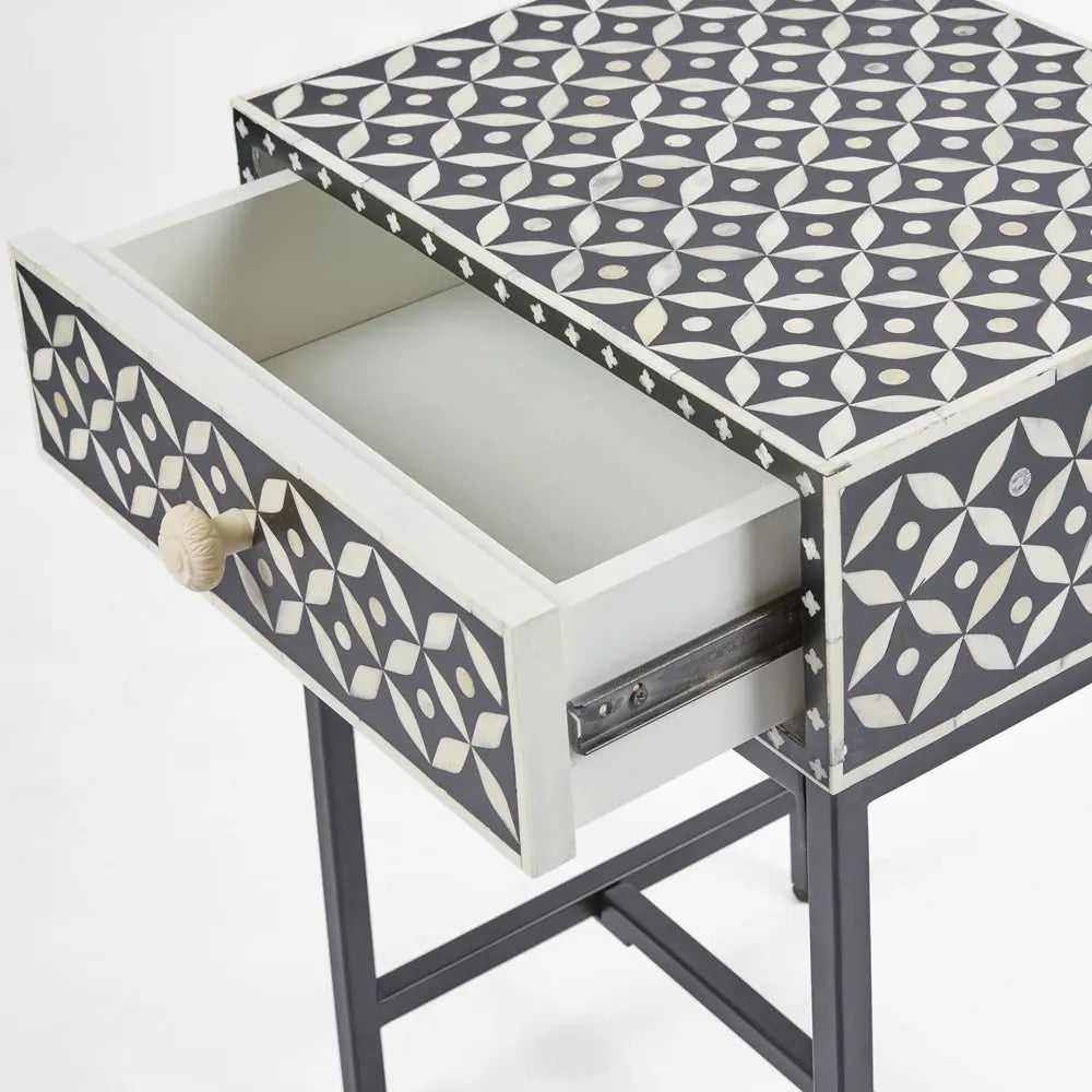 Bone Inlay 1 Drawer Bedside (with Metal Legs) : Starburst : Black
