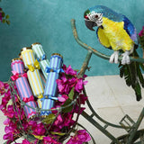 Parrot perched on a bicycle with colorful cracker decorations and pink flowers against a teal wall.