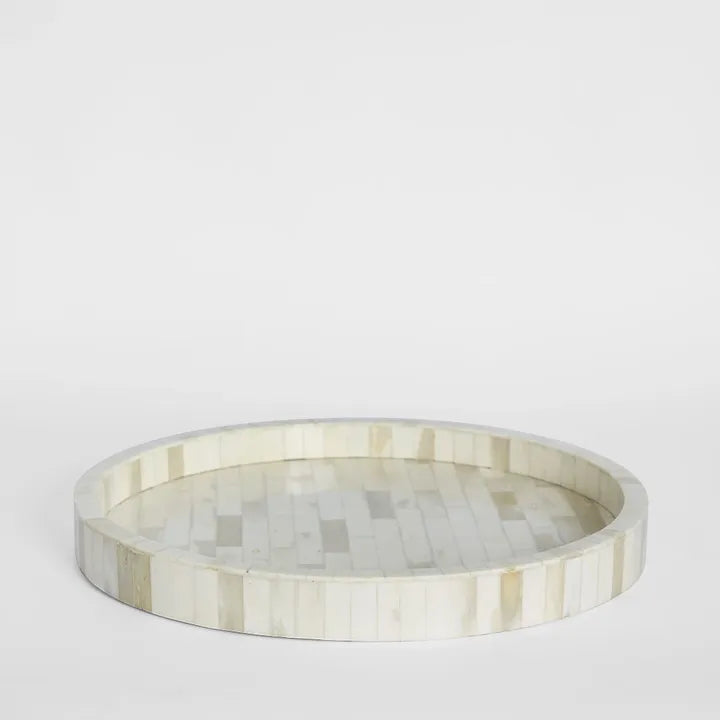 Bone Inlay Round Tray : Brickwork : White