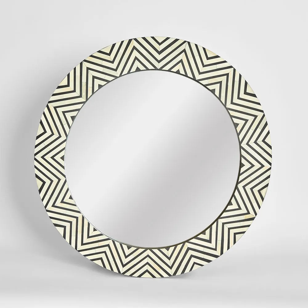 Bone Inlay Round Mirror : Zig Zag : Black