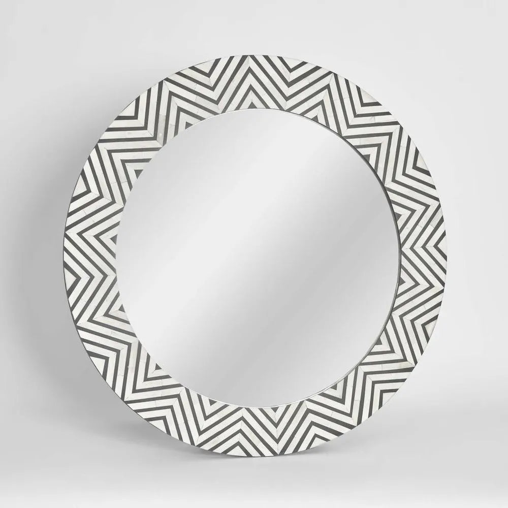 Bone Inlay Round Mirror : Zig Zag : Black