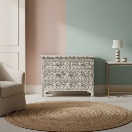 Bone Inlay 4 Drawer Chest : Floral : Dove Grey