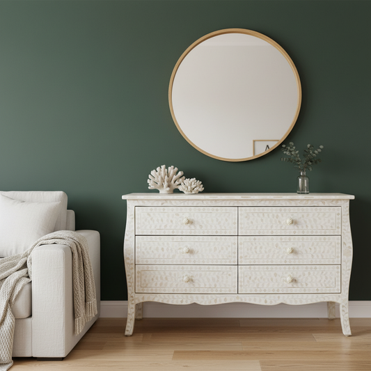 Bone Inlay French 6 Drawer Chest : Floral : White