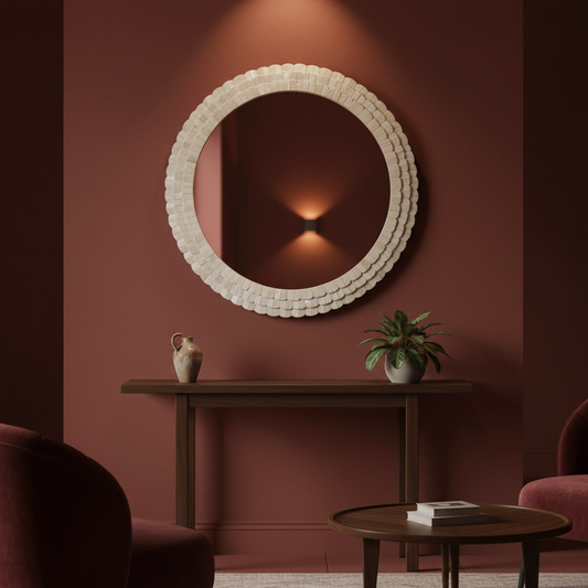 Bone Inlay Round Mirror : Seashell : White