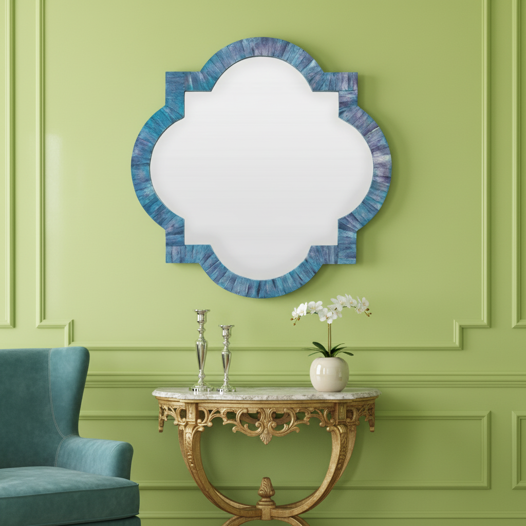 Dyed Bone Inlay Quatrefoil Mirror : Blue
