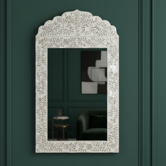 Mother of Pearl Inlay Crested Mirror : Floral : White