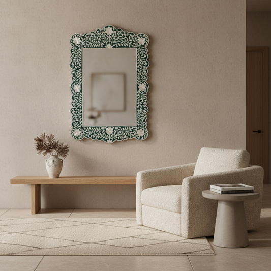 Bone Inlay Scalloped Mirror : Floral : Emerald Green
