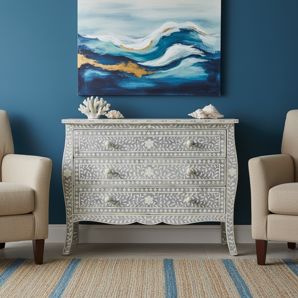 Bone Inlay French 3 Drawer Chest : Floral : Grey