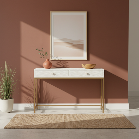 Bone Inlay Console with Brass Look Legs : Floral : White