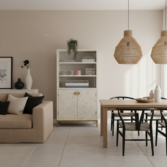 Bone Inlay Buffet and Hutch : Criss Cross : White